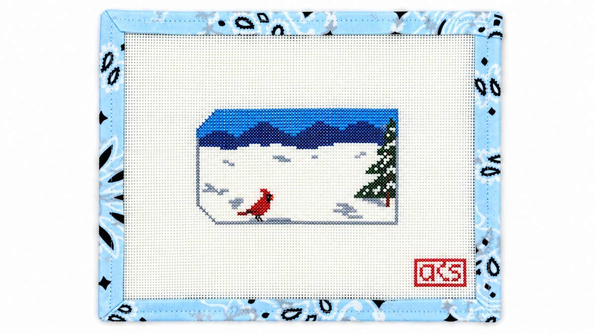 Shop Cardinal Stocking Cuff Name Tag by Ann Kaye Studio, a hand-painted 18 mesh needlepoint canvas measuring 2.25" x 4". Threads not included.