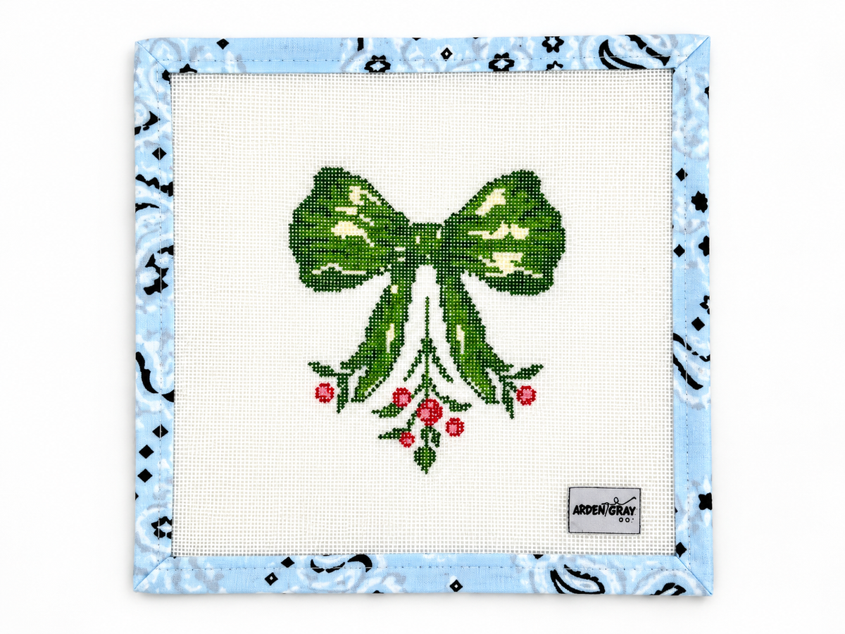 Stitch Arden Gray's Holiday Bow needlepoint canvas on 18 mesh, with a 4.5-inch design. Shop Fair Isle Needleworks. Threads not included.