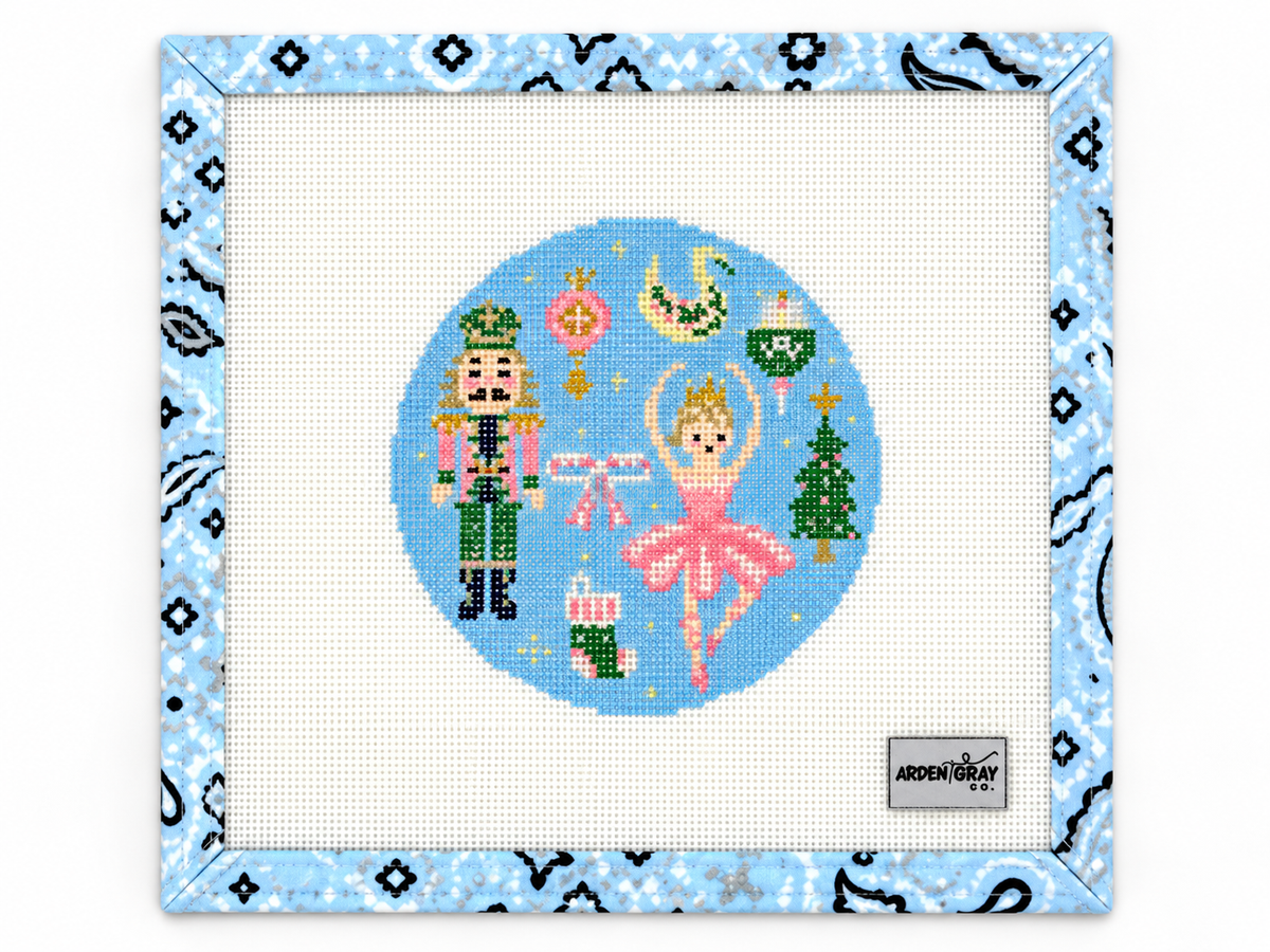 Stitch Arden Gray's Pastel Nutcracker Round needlepoint canvas, a 5 x 5-inch design on 18 mesh. Shop Fair Isle Needleworks. Threads sold separately.