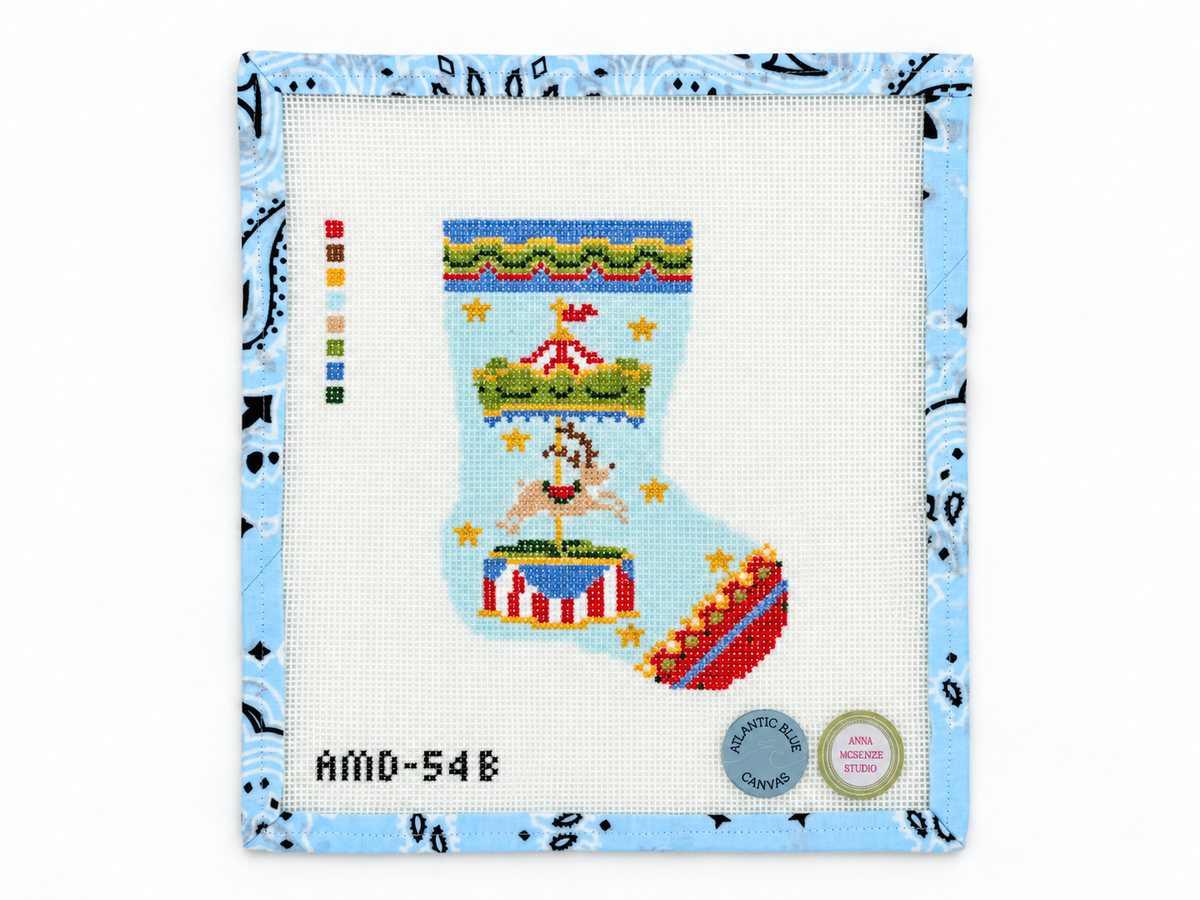 Shop Blue Reindeer Carousel Mini Sock by Atlantic Blue Canvas. A 4.5 x 6-inch needlepoint canvas on 13 mesh. Threads not included.