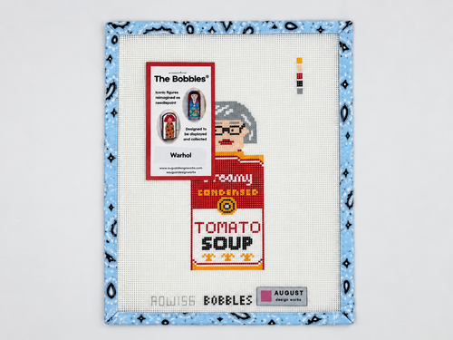 Stitch the Andy Warhol Campbell Soup Bobble by August Design Works. Hand-painted 18-mesh needlepoint canvas with a 2 x 5-inch design. Threads sold separately.