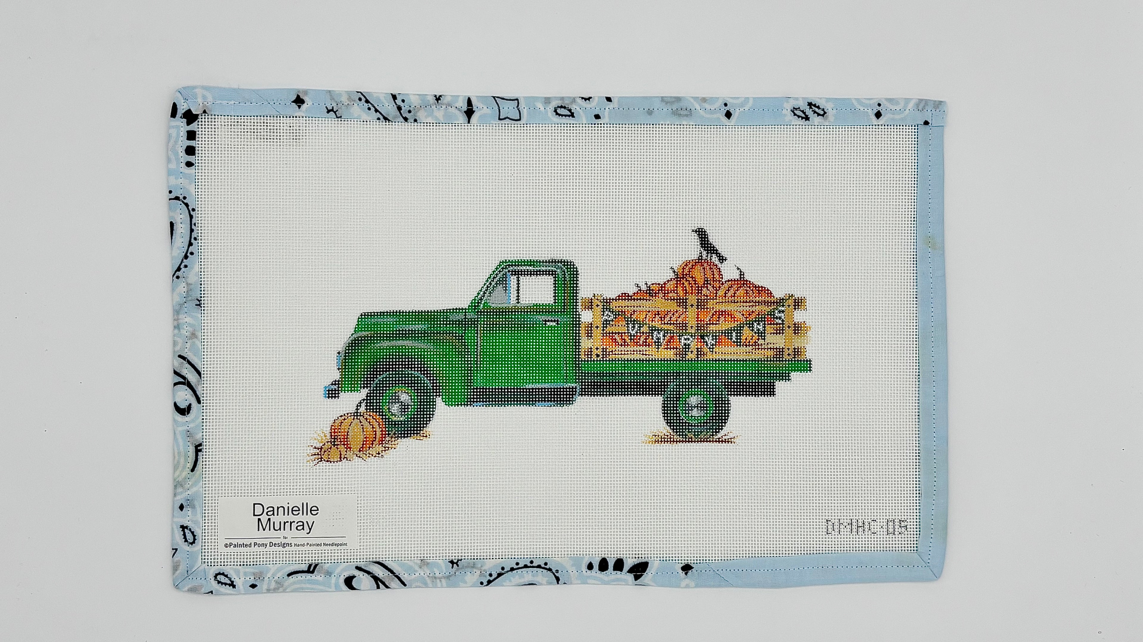 Shop Harvest Truck by The Painted Pony, a 9.25" x 4.25" needlepoint canvas on 18 mesh for fall stitching. Threads not included.
