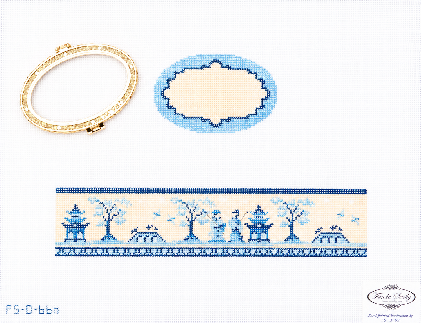 Stitch a beautiful hinged box with this Funda Scully blue & white floral oval needlepoint canvas. 18 mesh, hand-painted. Canvas sold without threads.