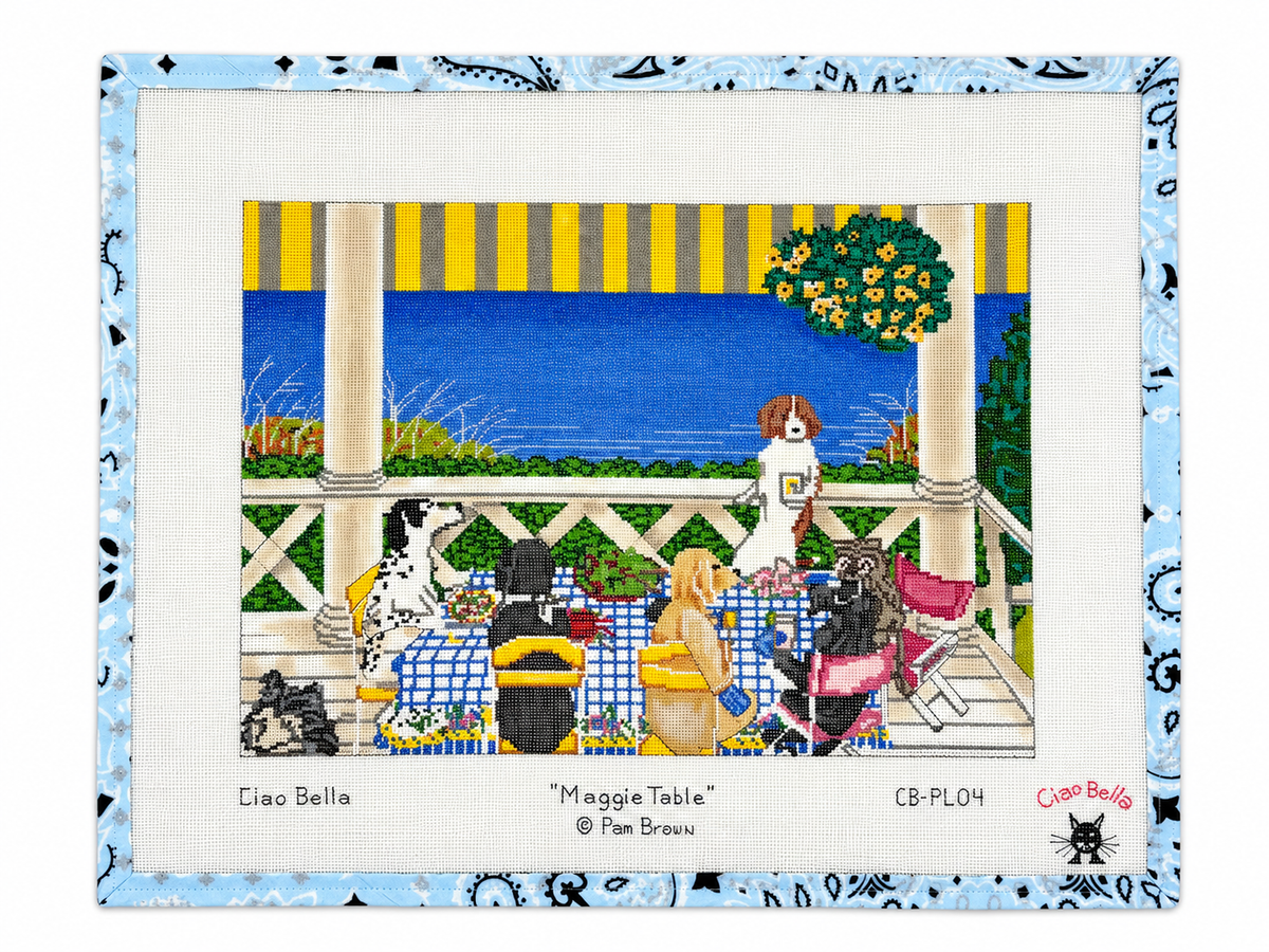 Stitch a charming scene with Maggie's Table, a hand-painted needlepoint canvas by Pam Braun for Ciao Bella. 18 mesh, 12.75” x 9”. Threads not included.