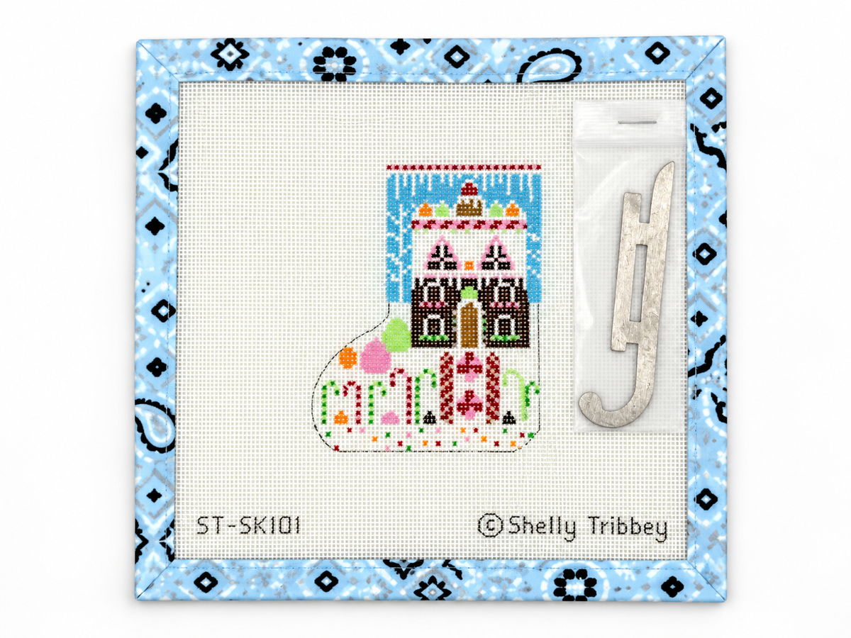 Shop Shelly Tribbey's Gingerbread Ice Skate needlepoint canvas on 18 mesh at Fair Isle Needleworks. Includes skate blade; threads not included.