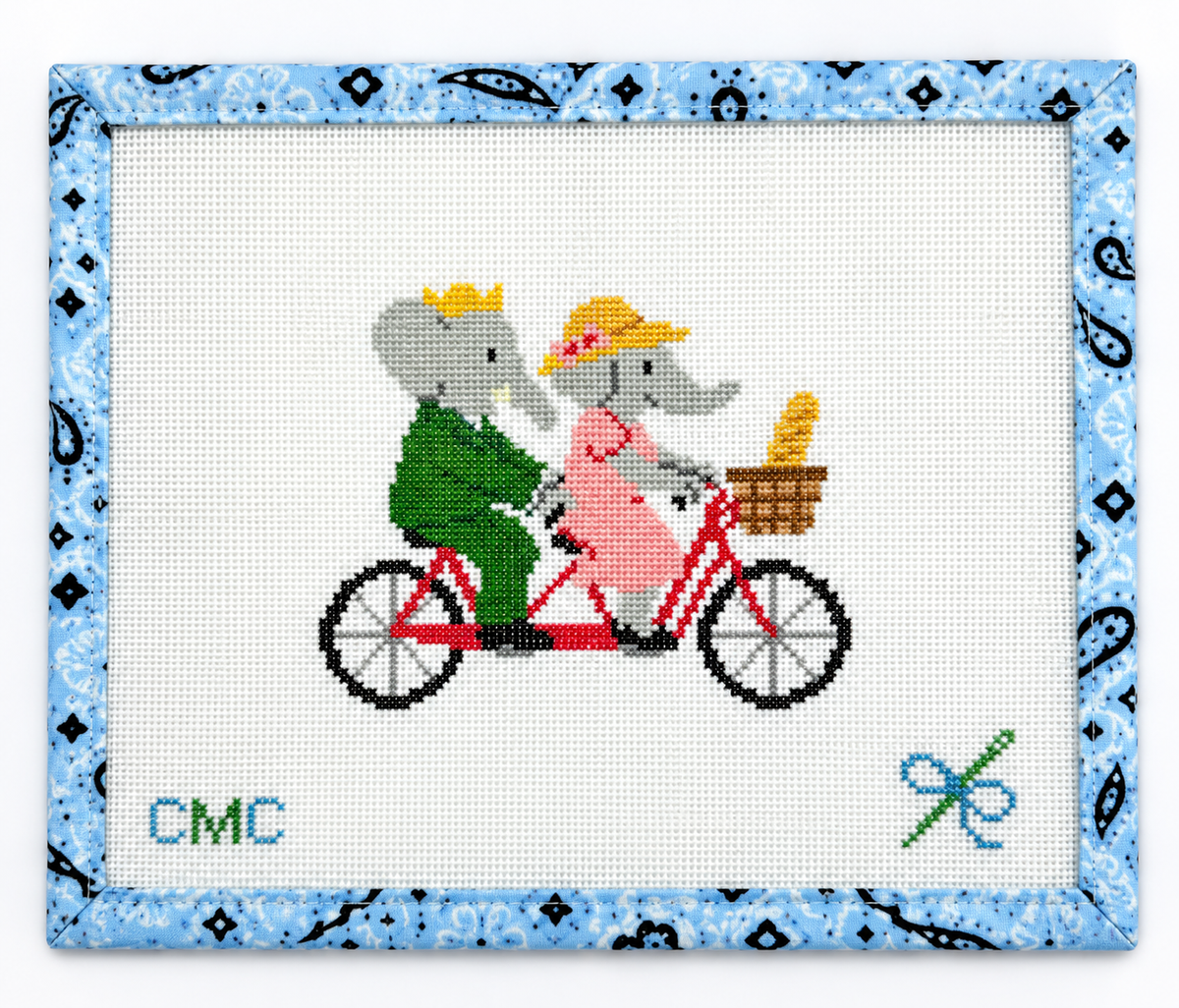 Stitch Storybook Elephants on a Tandem Bike by CMC Stitches. This 18-mesh needlepoint canvas measures 4.5 x 3.7 inches. Threads sold separately.