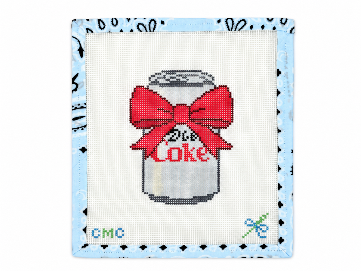 Diet Coke with Bow needlepoint canvas by CMC Stitches on 13 mesh with a 3.7" x 5" design area. Canvas only; threads not included.