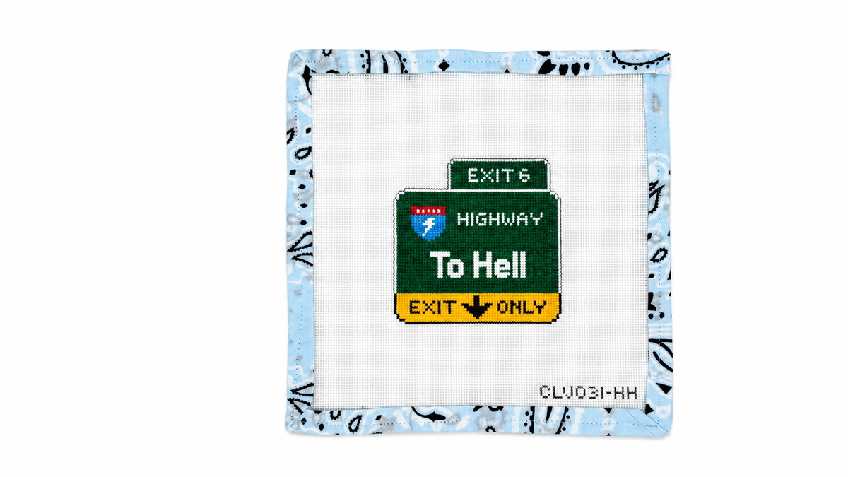 Shop Highway to Hell by C'ate La Vie, a 3.75" x 3.5" needlepoint canvas on 18 mesh. Threads sold separately. Find it at Fair Isle Needleworks.