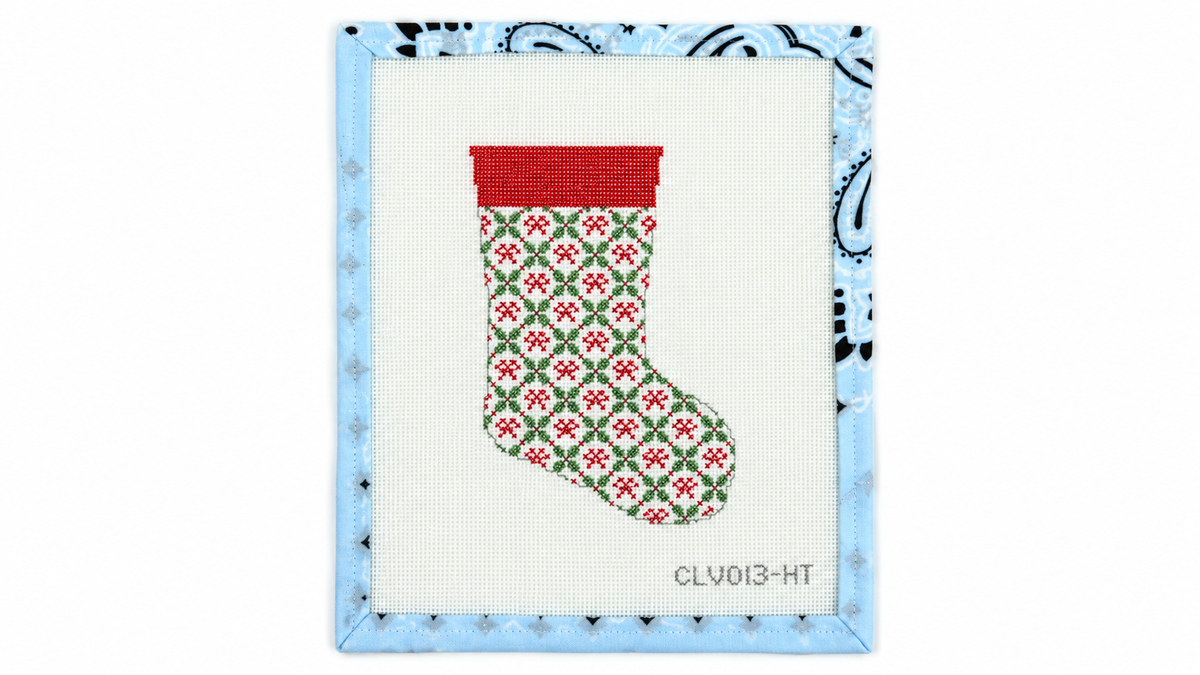 Shop Holiday Trellis Mini Stocking by C'ate La Vie, an 18 mesh needlepoint canvas with a 4" x 6" design. Canvas only; threads not included.