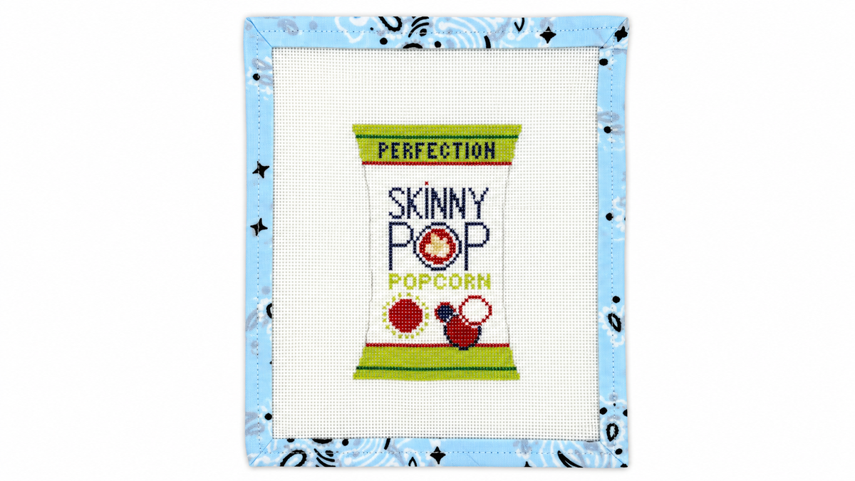 Shop Skinny Pop by C'ate La Vie, a 3" x 4.75" needlepoint canvas on 18 mesh. Unstitched; threads not included. Find it at Fair Isle Needleworks.