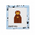 A square cross-stitch canvas featuring a pixelated brown bear holding a yellow ball, bordered by a light blue patterned fabric edge on a white background.