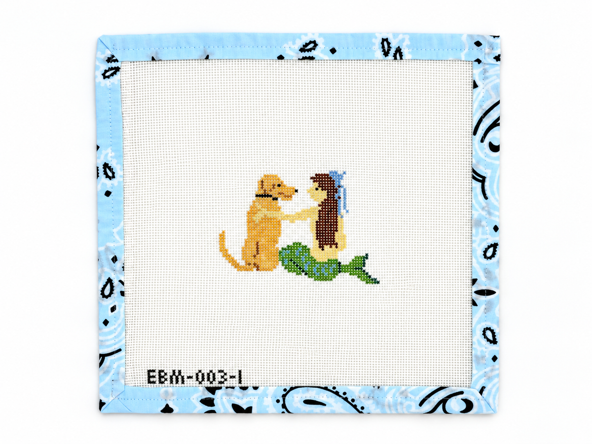 Shop Mermaid with Golden Retriever, Corn and Cod Designs x Fair Isle Needleworks. A 2.5 x 3.5-inch needlepoint canvas on 18 mesh. Threads not included.