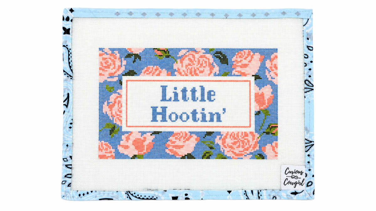 Shop Little Hootin by Curious Cowgirl, a hand-painted needlepoint canvas with a 6 x 10-inch design on 13 mesh. Canvas only; threads not included.