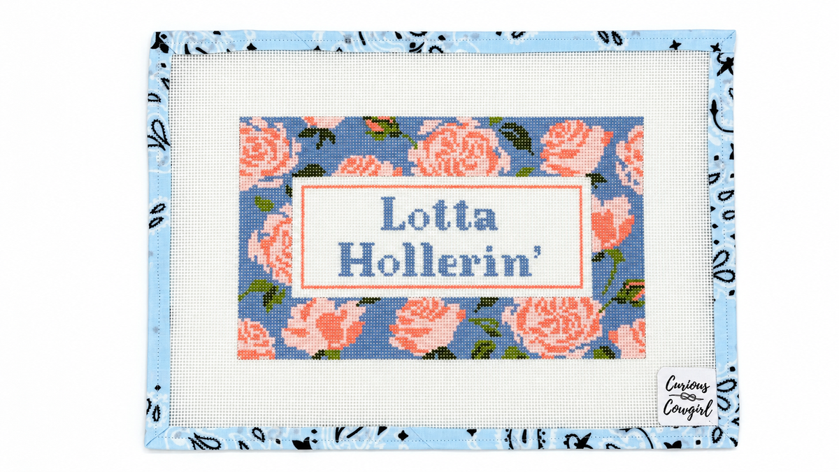 Shop Lotta Hollerin' by Curious Cowgirl, a hand-painted needlepoint canvas with a 6 x 10-inch design on 13 mesh. Canvas only; threads not included.