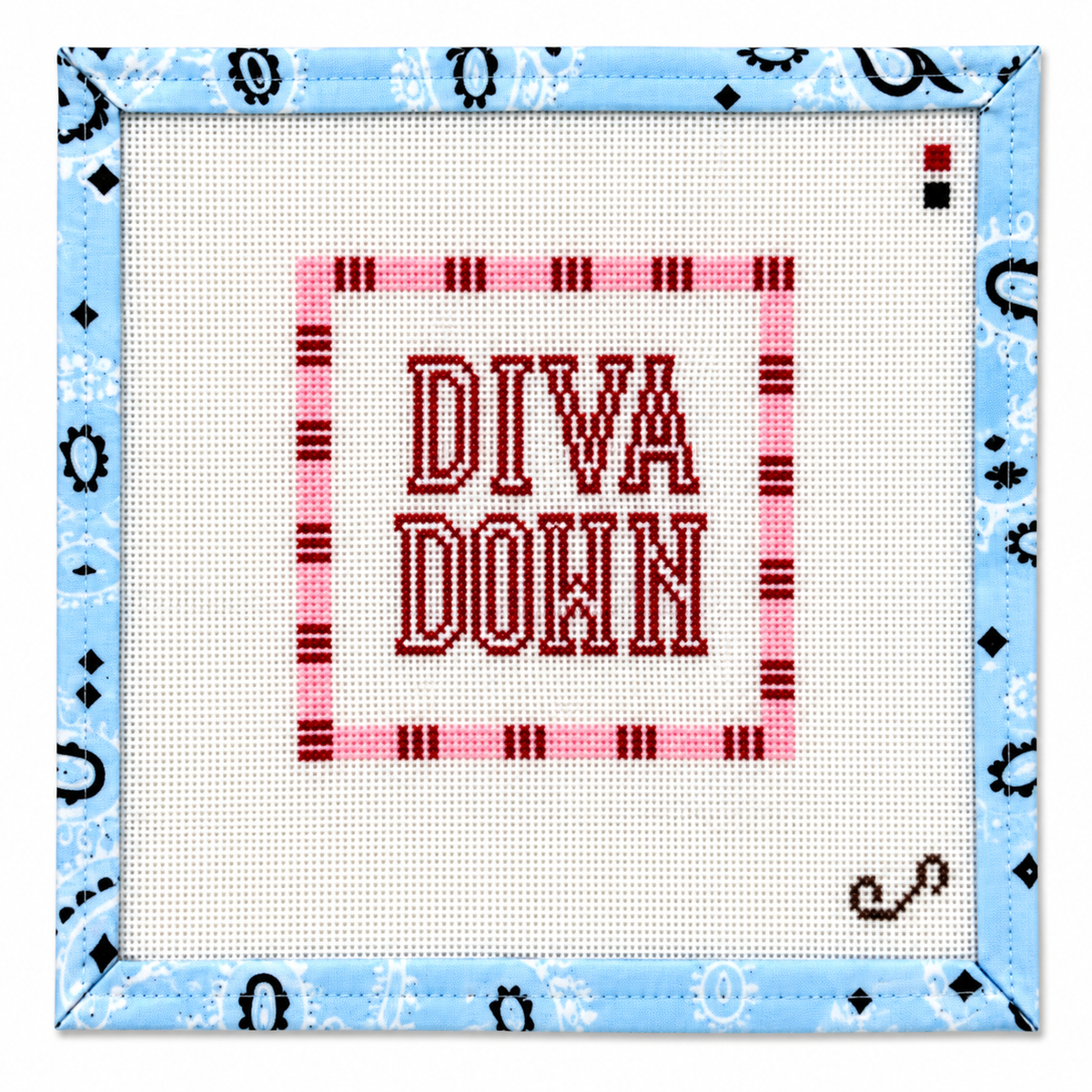 Hand-painted "Diva Down" needlepoint canvas by Sunday Shoppe. 18 mesh, 4x4" design. Threads not included. Shop premium quote canvases.