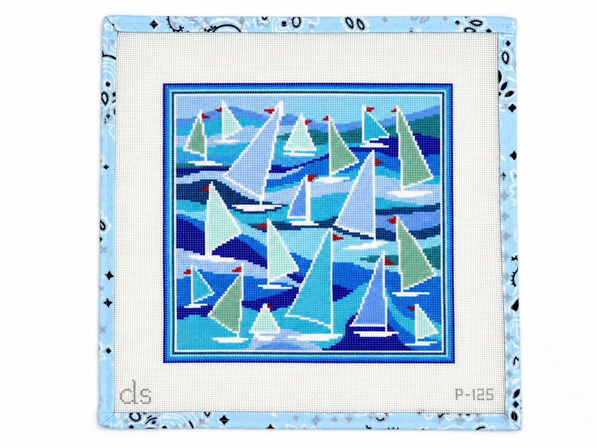 Set sail on your next project with the Doolittle Designs Sailboats pillow needlepoint canvas, 10” x 10” on 13 mesh. Threads not included.