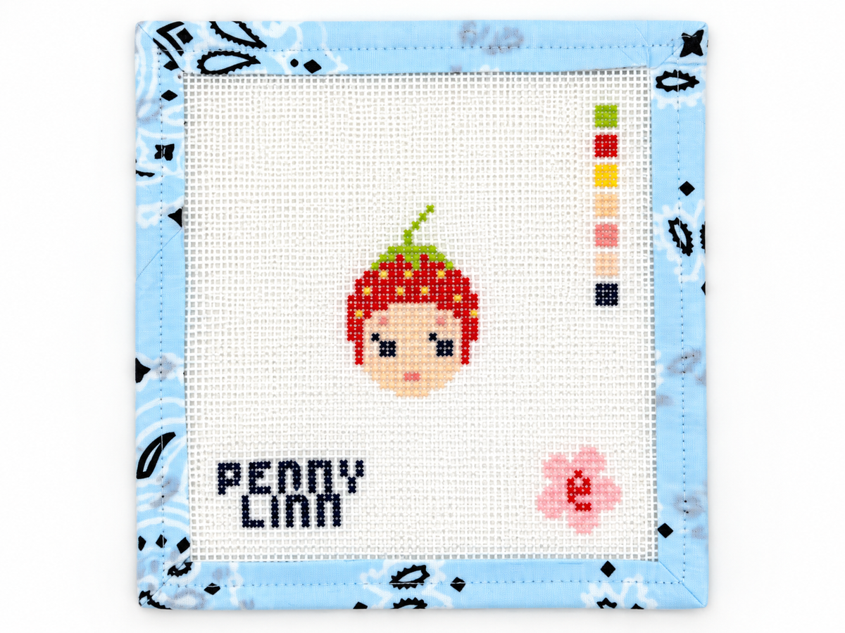 Stitch a sweet strawberry cherub with this 13 mesh needlepoint canvas by Elisa May / Stitchtent. A charming little design. Shop now.