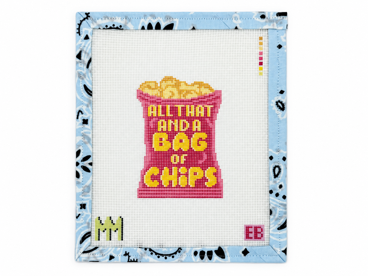 All That and a Bag of Chips by Elizabeth Brooke: a printed 18 mesh needlepoint canvas with a 3 x 4-inch design. Threads not included.