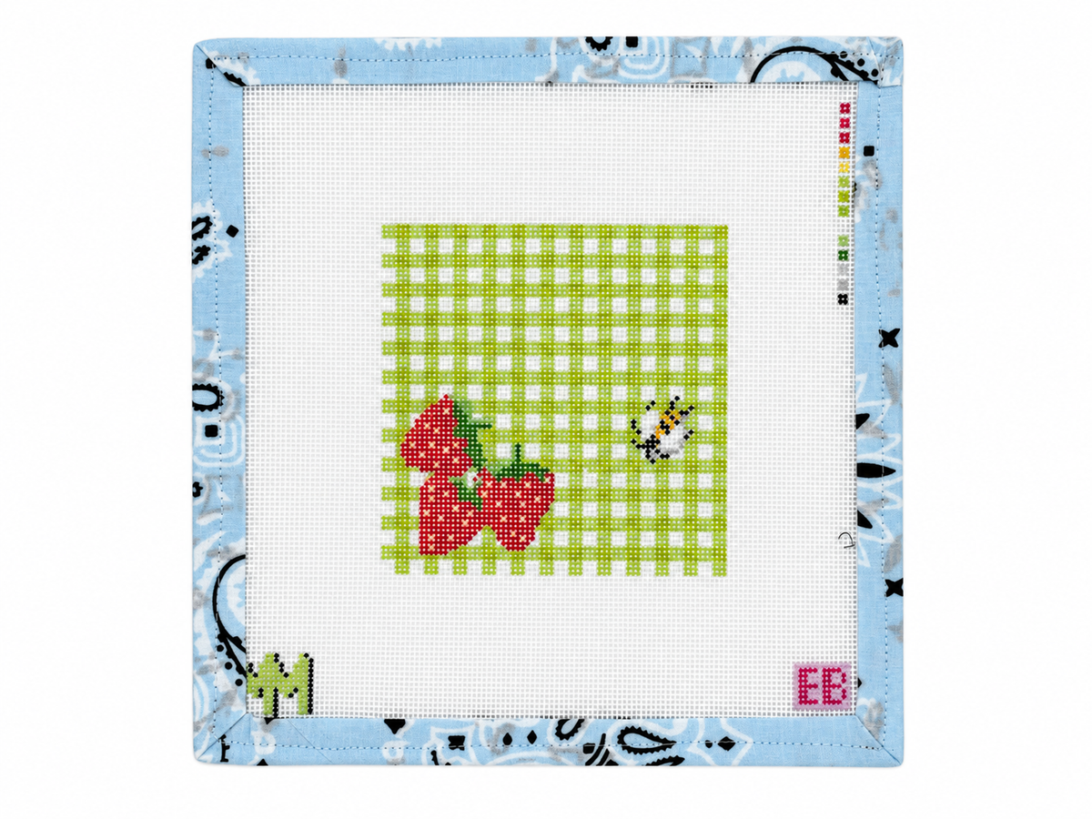 Berries and Bee Coaster needlepoint canvas by Elizabeth Brooke on 18 mesh. Approx. 4 x 4-inch design. Unstitched canvas; threads not included.