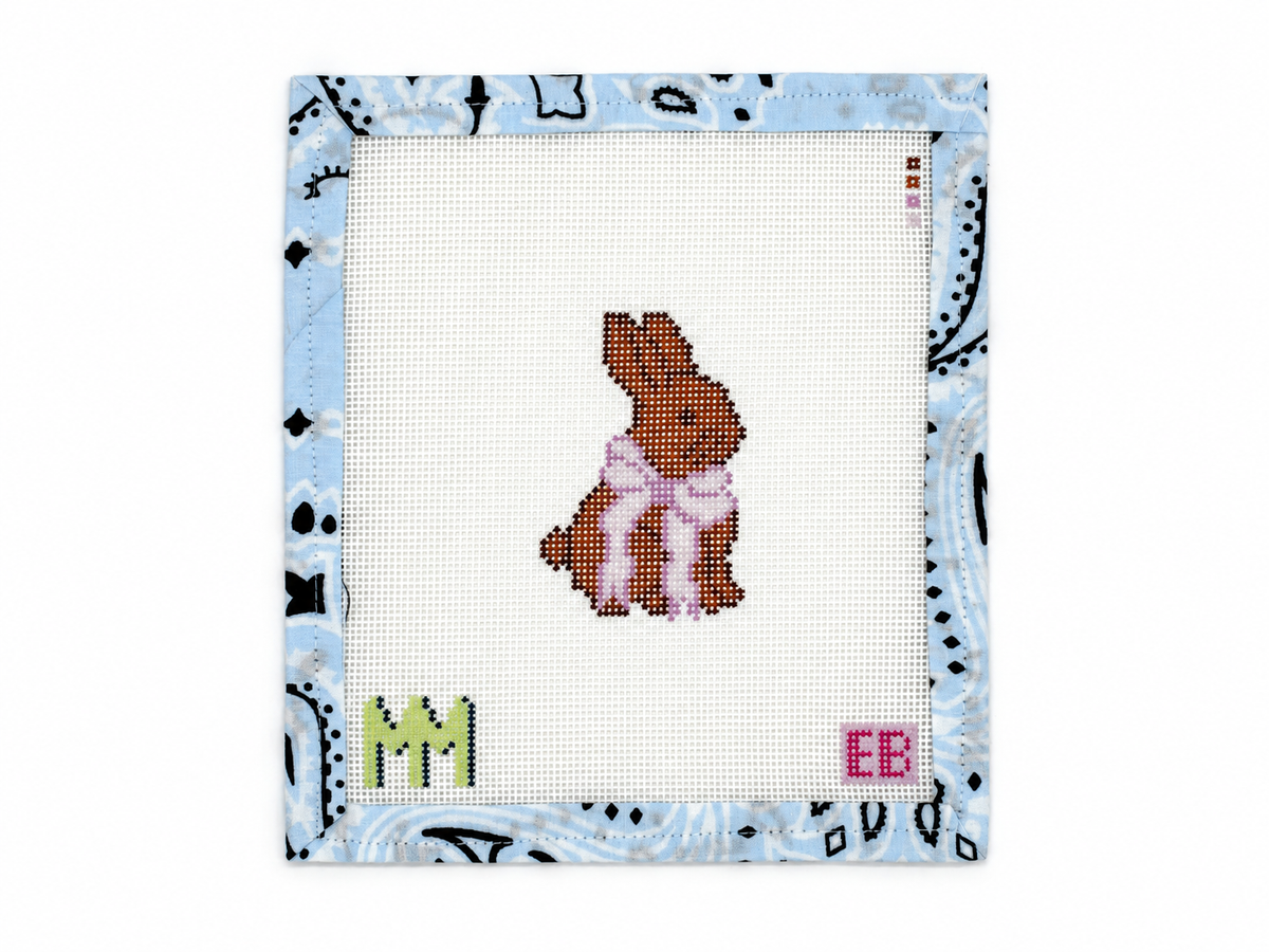 Mini Chocolate Bunny needlepoint canvas by Elizabeth Brooke on 18 mesh. A sweet bunny design to stitch your way. Canvas is unstitched; threads not included.