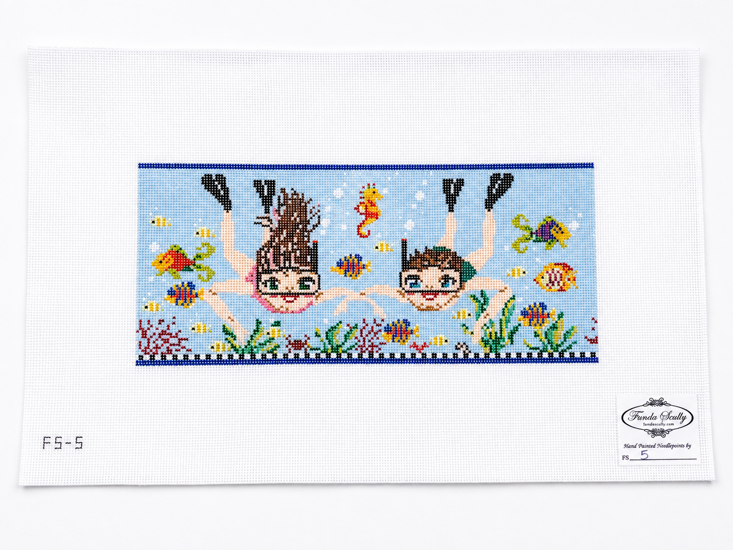 Shop the Funda Scully Snorkle  18-mesh needlepoint canvas, 4.25" x 9.75". Hand-painted artisan design, sold unthreaded and unstitched.