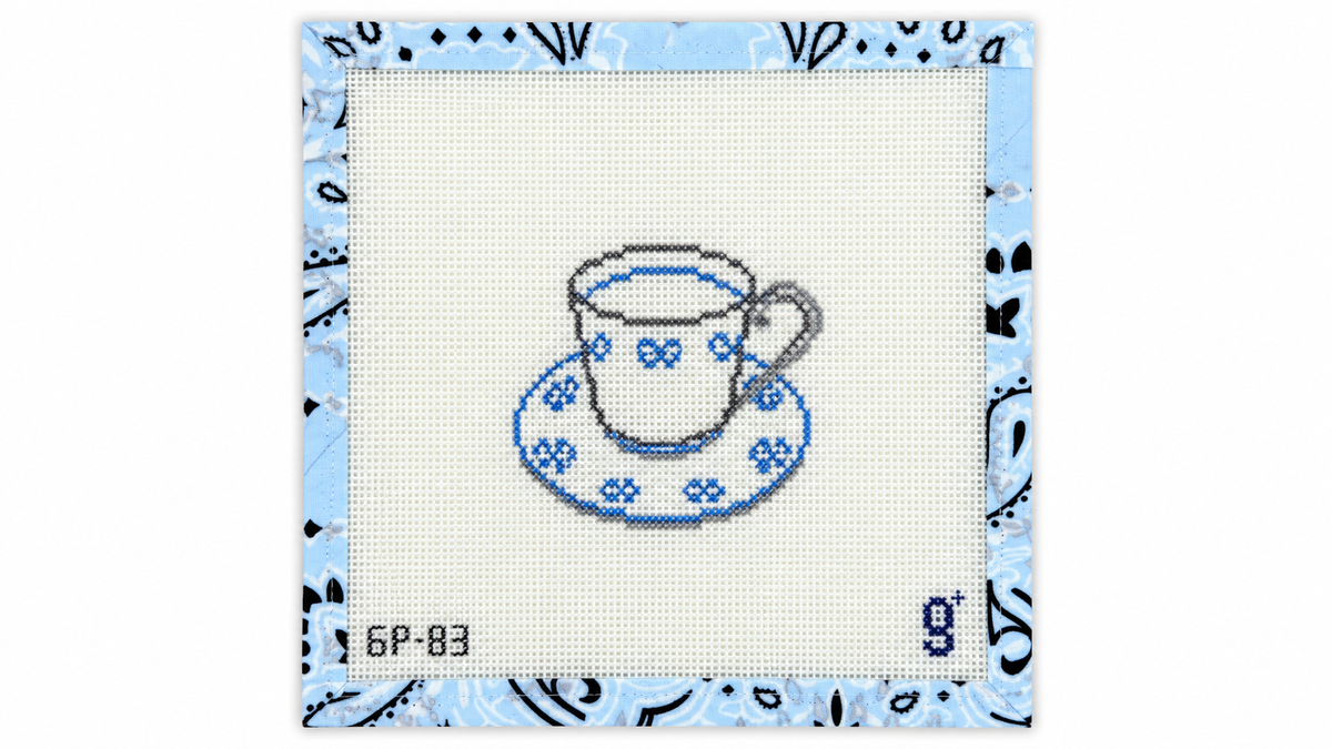 Shop Blue Bow Tea Cup by goodpoint, an 18 mesh needlepoint canvas with a 3.5" x 3.25" design on a 9" square canvas. Threads not included.