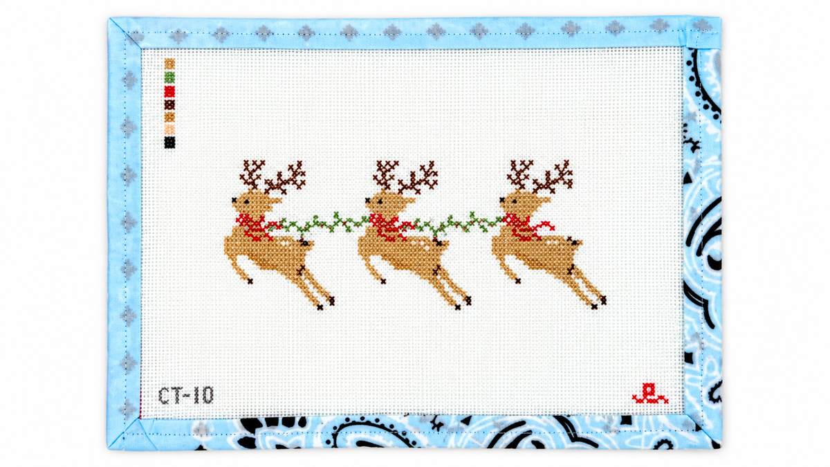 Shop Santa's Reindeer by goodpoint, an 18 mesh needlepoint canvas with a 6.5" x 2.5" design for your holiday stitching. Threads not included.