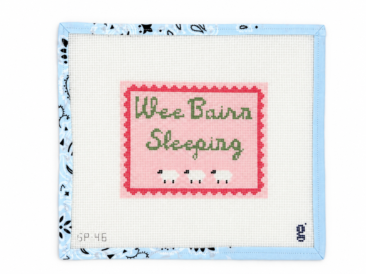Wee Bairn Sleeping (Pink) needlepoint canvas by Good Point on 13 mesh. Approx. 6.75" x 5.25" design. Canvas only; threads not included.