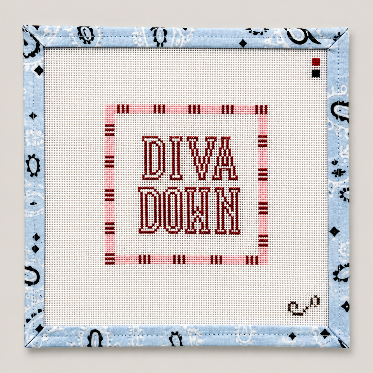 Hand-painted "Diva Down" needlepoint canvas by Sunday Shoppe. 18 mesh, 4x4" design. Threads not included. Shop premium quote canvases.