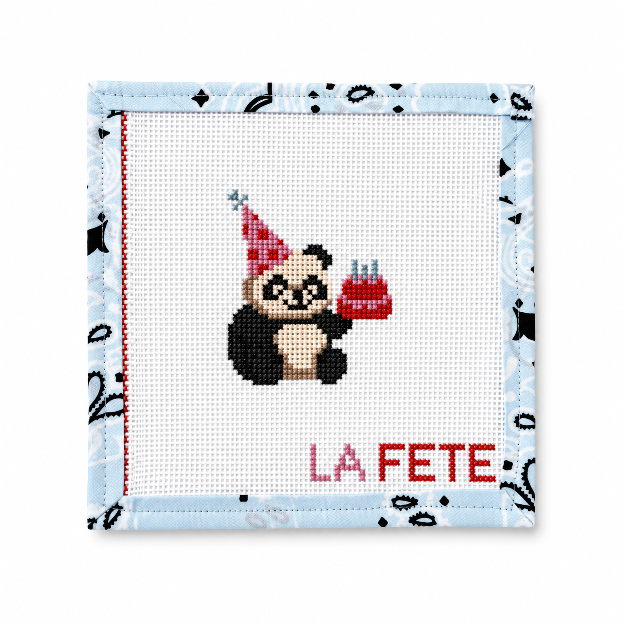 Hand-painted Panda "Party Animals" needlepoint canvas by La Fete. 13 mesh, 3x3" design. Threads not included. Shop premium birthday canvases.