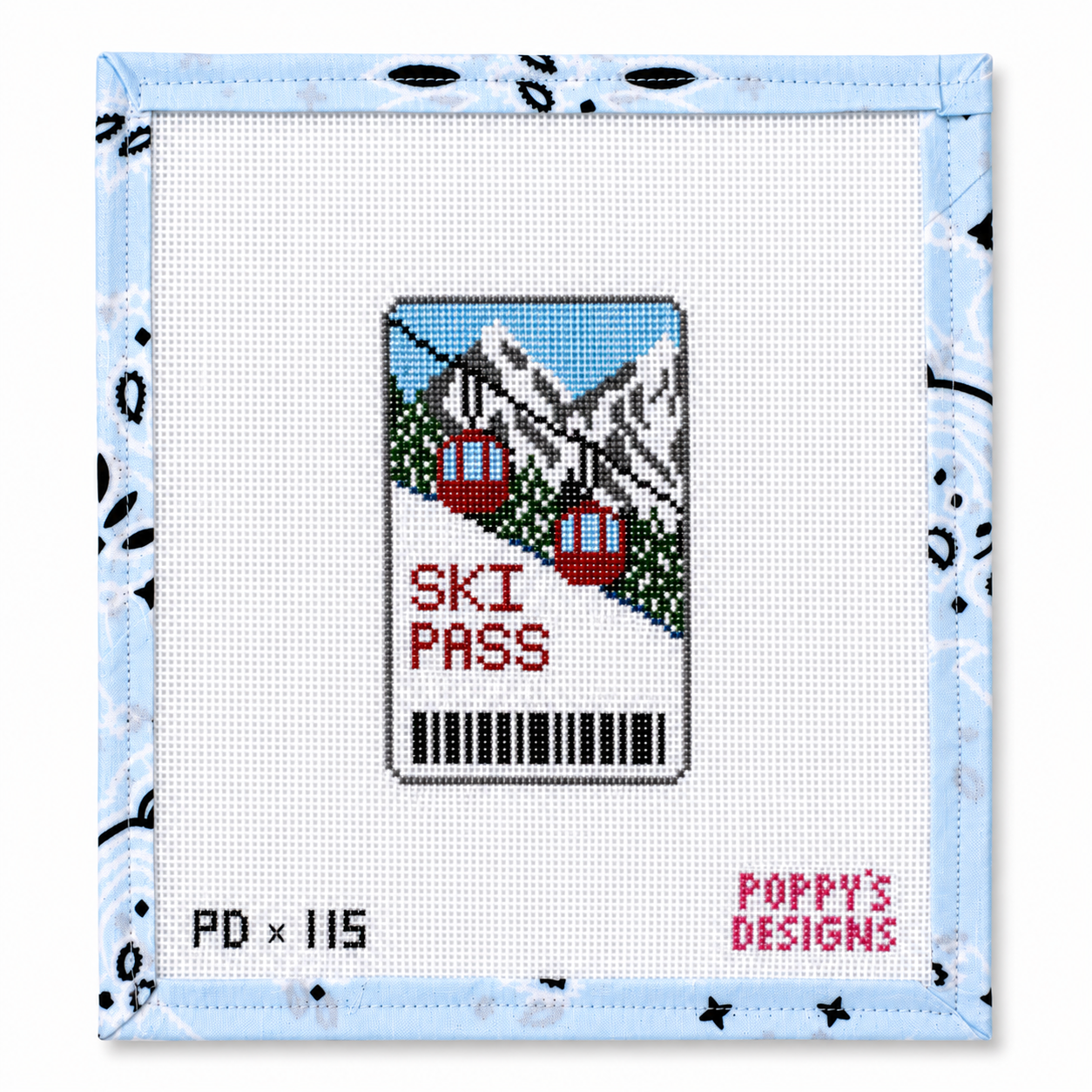 Hand-painted Ski Pass needlepoint canvas by Poppy Designs. 18 mesh, 2.5x4" design. Threads not included. Shop premium winter canvases.