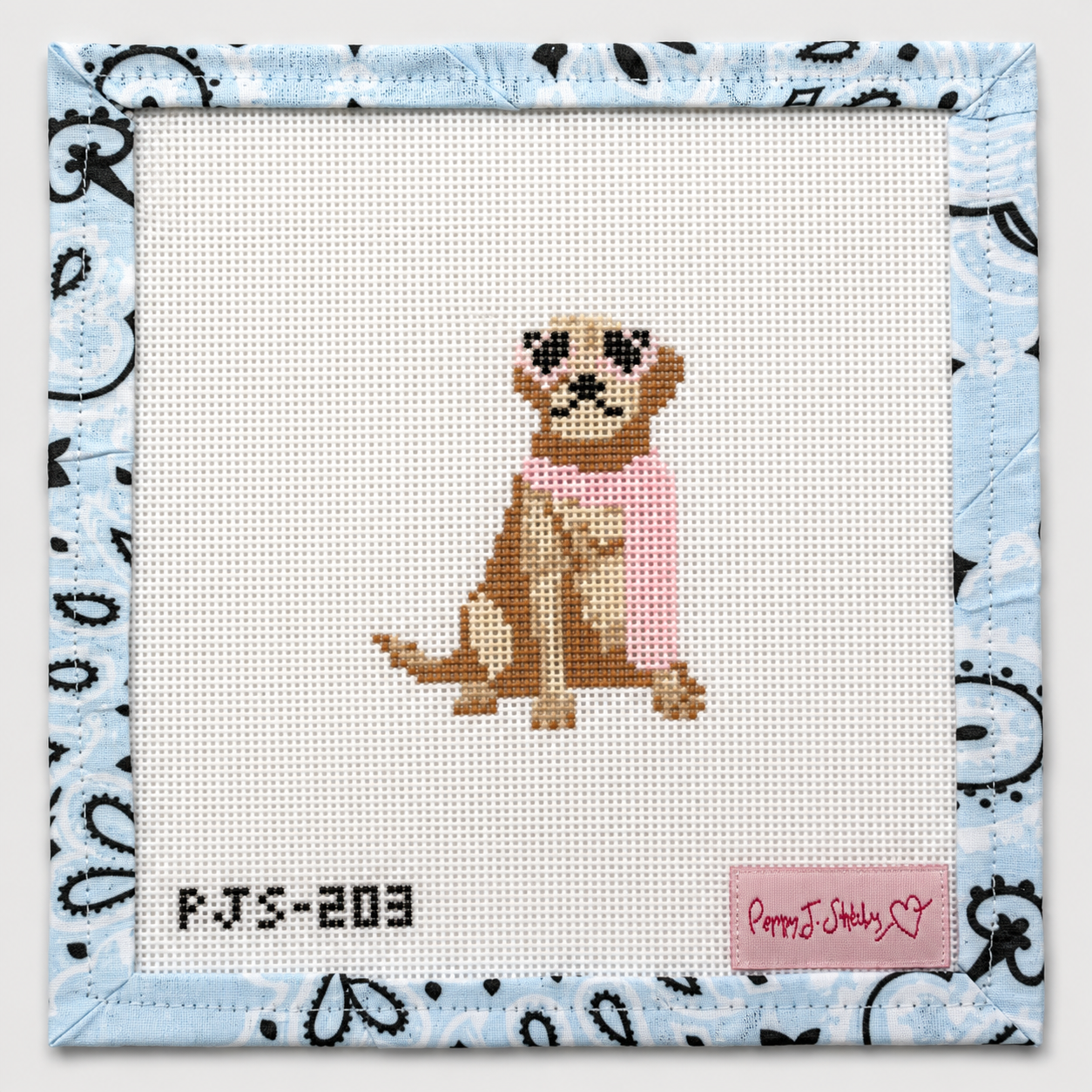 Hand-painted Mini Fab Pup Yellow Lab needlepoint canvas by Poppy J Stitches. 18 mesh, 2x3" design. Threads not included. Shop premium dog canvases.