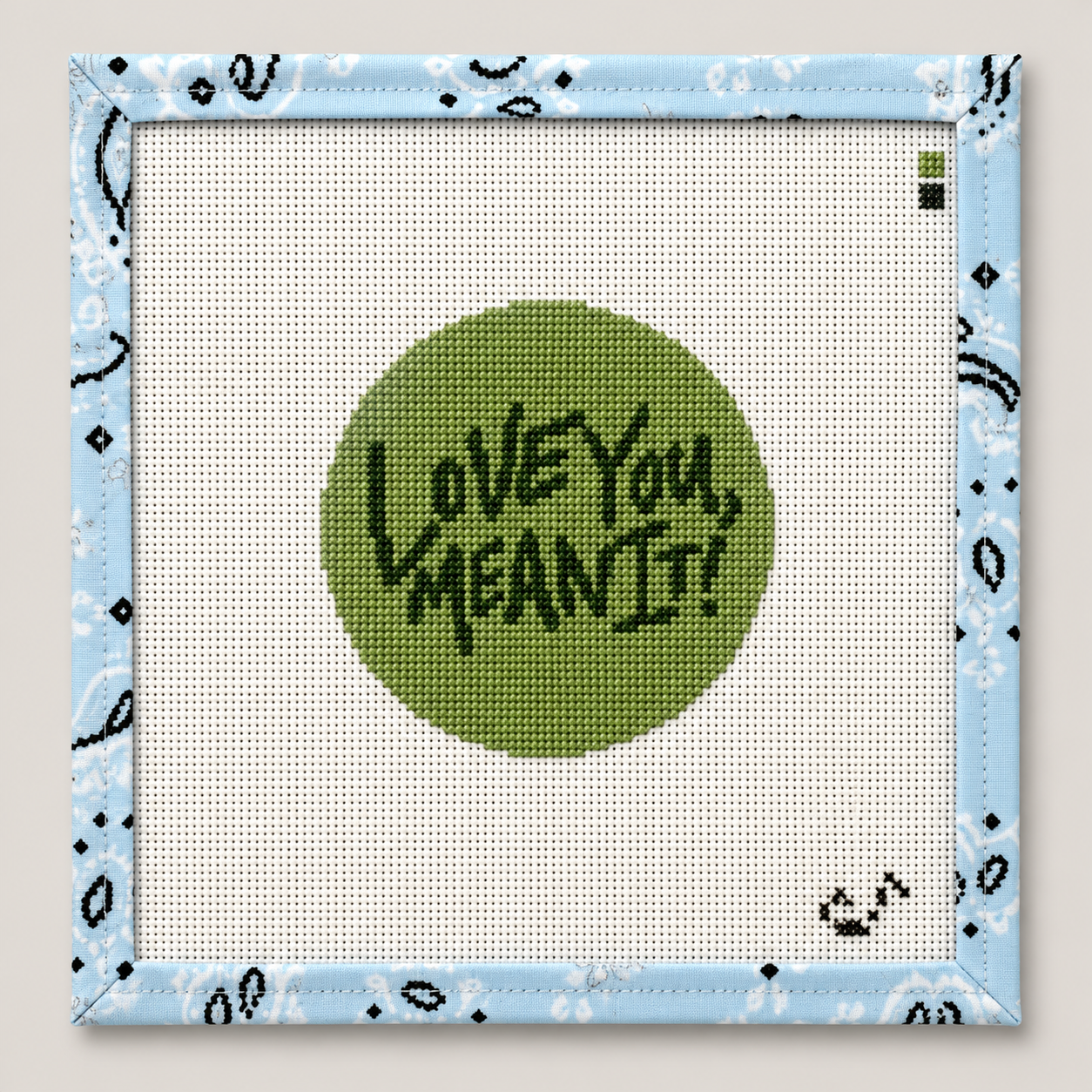 Hand-painted "Love You, Mean It" needlepoint canvas by Sunday Shoppe. 18 mesh, 4x4" design. Threads not included. Shop premium quote canvases.