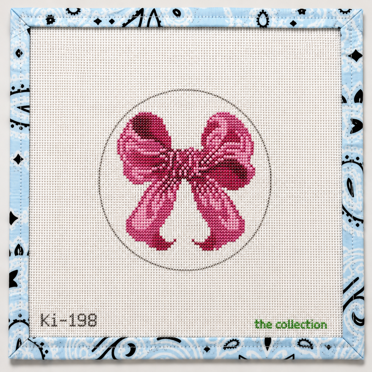 Hand-painted Mini Pink Bow needlepoint canvas by The Collection. 18 mesh, 4" round design. Threads not included. Shop premium canvases.