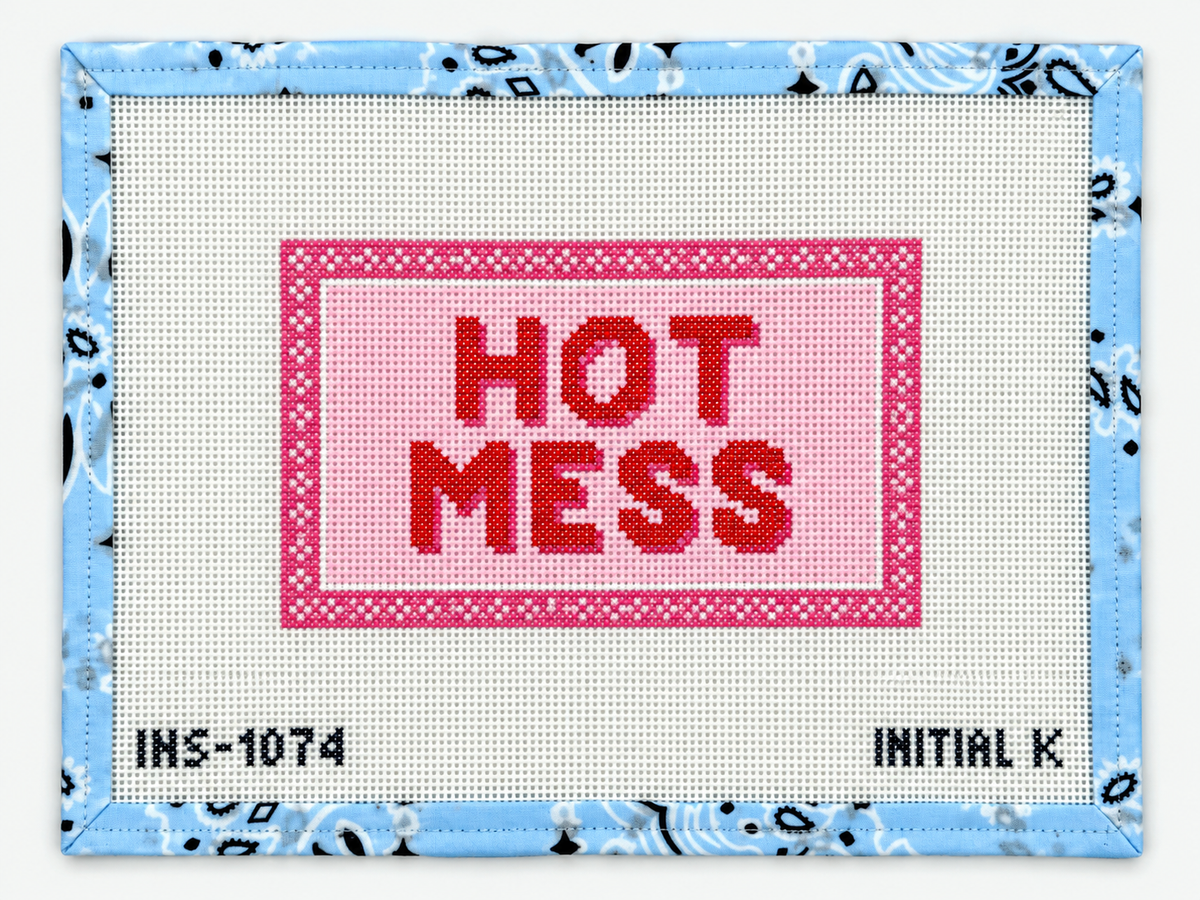 Stitch the cheeky Hot Mess design by Initial K. This hand-painted 4-inch canvas uses 18-count mesh and is perfect for a colorful coaster.