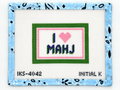 Stitch the I Heart Mahj needlepoint canvas by Initial K. This stitch-painted 5.5 x 4-inch design is on 13-mesh canvas; threads are not included.