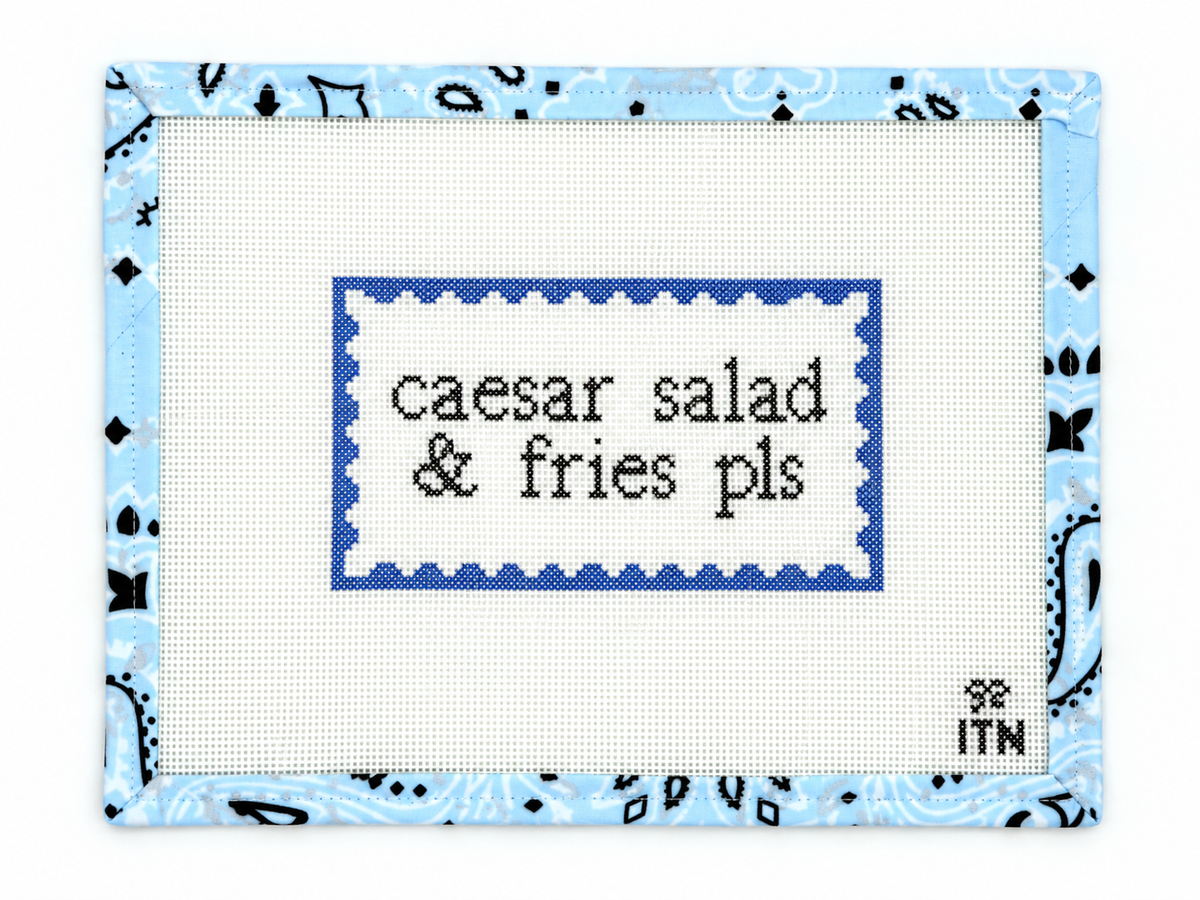 Caesar Salad & Fries needlepoint canvas by Ivy Thread Needlepoint, 18 mesh, 12" x 9" canvas with a 7" x 4" image. Threads sold separately.