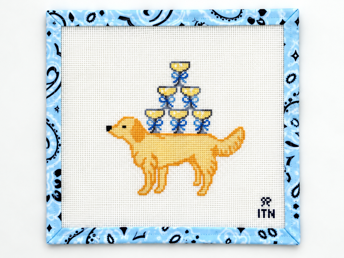 Stitch the Fetch the Bubbly Champagne Retriever needlepoint canvas by Ivy Thread. The playful dog design measures 5.4 x 5.6 inches.
