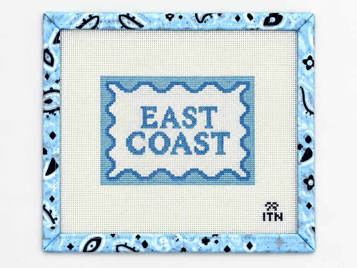 Stitch an East Coast needlepoint canvas by Ivy Thread. The coastal design measures 3.6 x 4.75 inches and arrives without threads or pre-stitching.