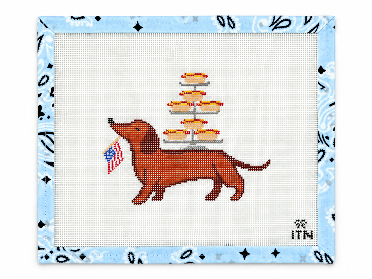 Glizzy Dawg needlepoint canvas by Ivy Thread Needlepoint on 18 mesh, 9.4" x 9.6". Canvas only; threads sold separately.