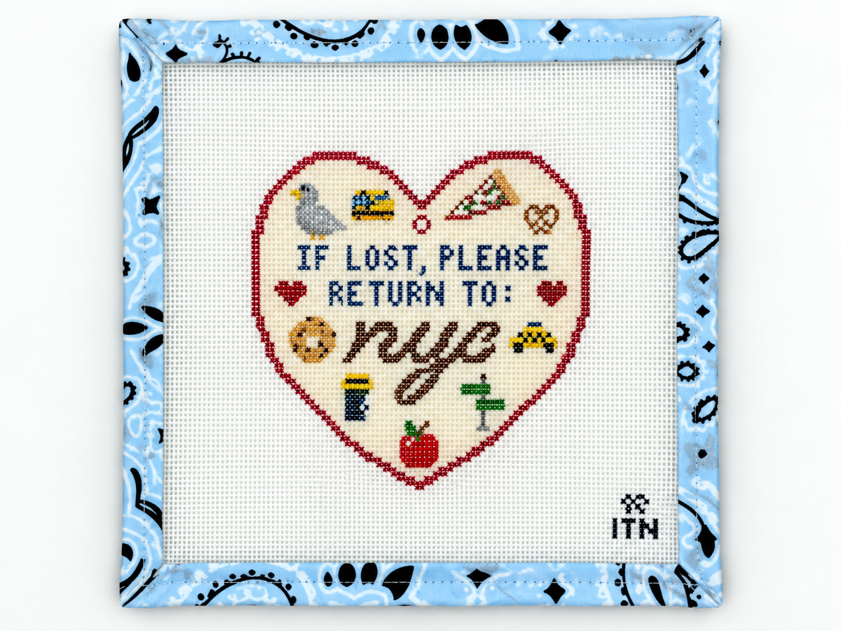 Stitch an If Lost Return to NYC needlepoint canvas by Ivy Thread. The 4-inch design is painted on 18-mesh canvas; threads are not included.