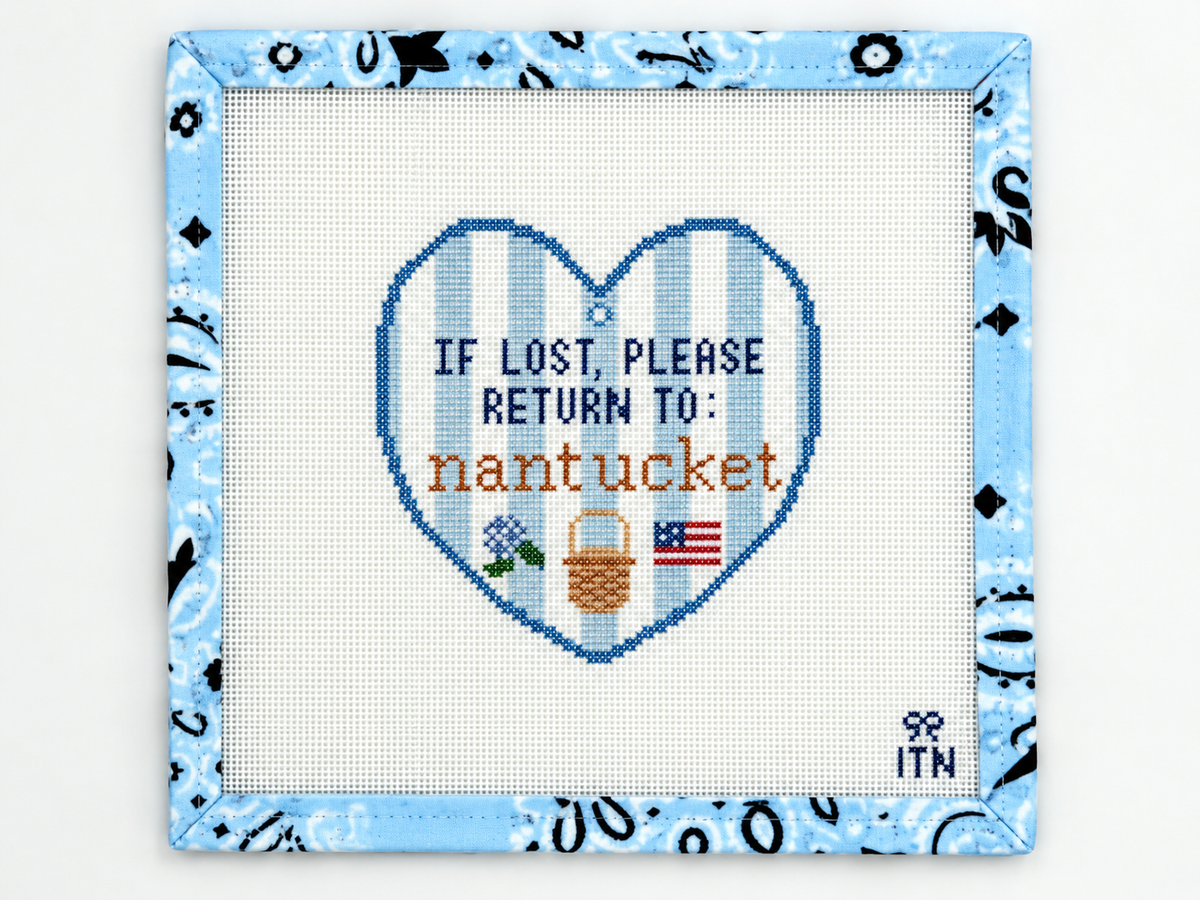 Stitch an If Lost Return to Nantucket needlepoint canvas by Ivy Thread. The 4-inch design is painted on 18-mesh canvas; threads are not included.