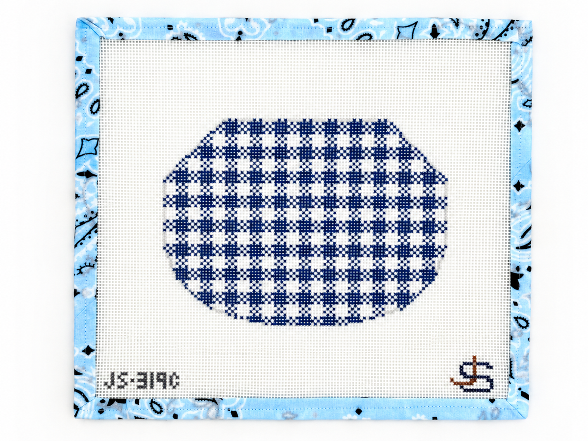 Shop Blue Gingham Kiss Lock by Jeni Sandberg. A 13 mesh needlepoint canvas with an approximately 5.2 x 7-inch design. Threads not included.