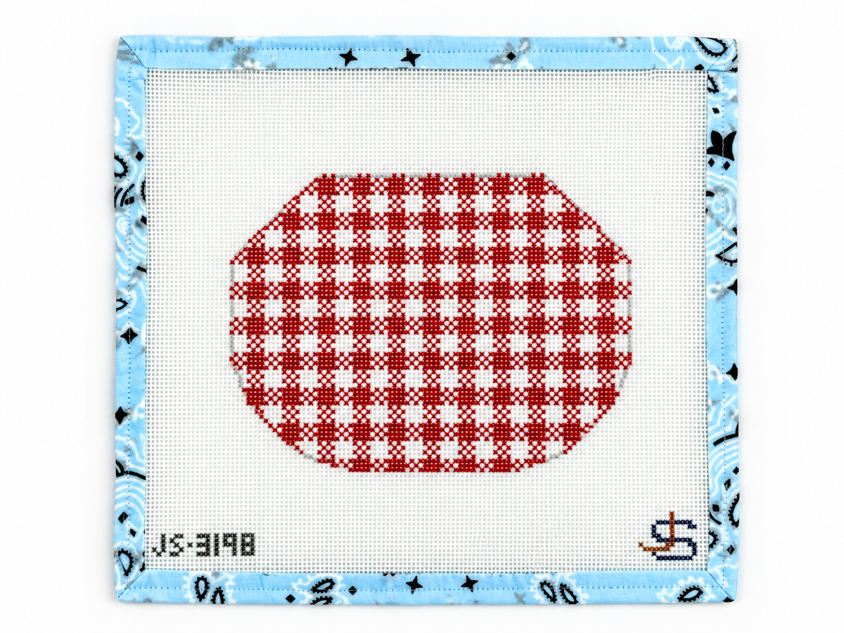 Shop Red Gingham Kiss Lock by Jeni Sandberg. A 13 mesh needlepoint canvas with an approximately 5.2 x 7-inch design. Threads not included.