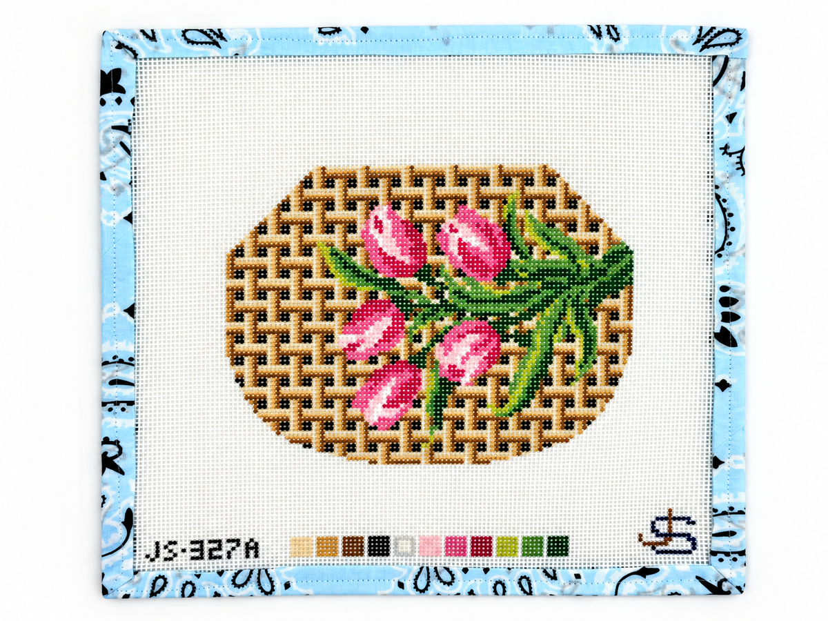 Shop Basketweave Tulips Kiss Lock by Jeni Sandberg. A 13 mesh needlepoint canvas with an approximately 5.2 x 7-inch design. Threads not included.