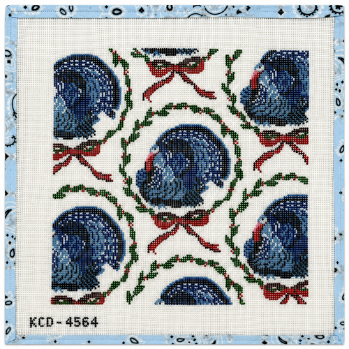 Hand-painted Blue Ribbon Turkey needlepoint canvas, 13 mesh, 12" square. A stunning holiday décor piece — canvas only, threads sold separately.
