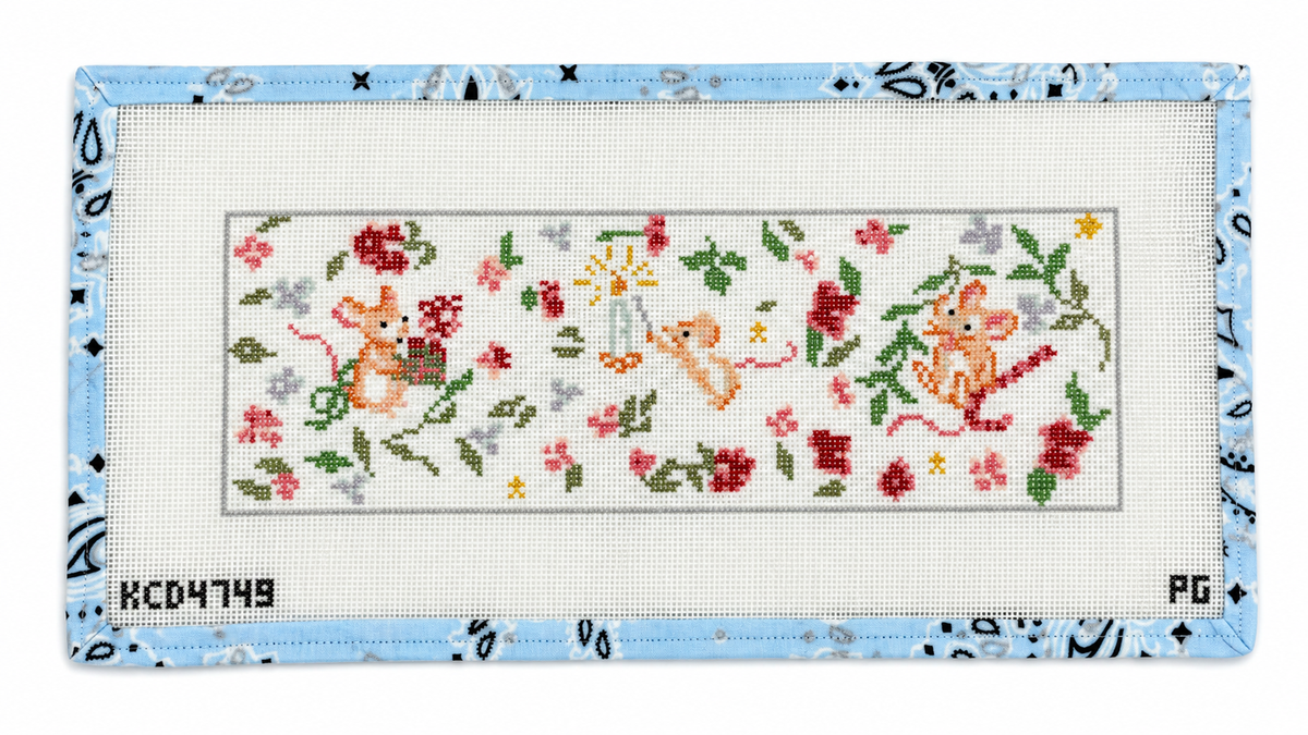 Stitch-printed on 13 mesh mono canvas, this Christmas mouse bolster needlepoint canvas has a 13” x 4½” design on a 17” x 8½” canvas. Threads not included.