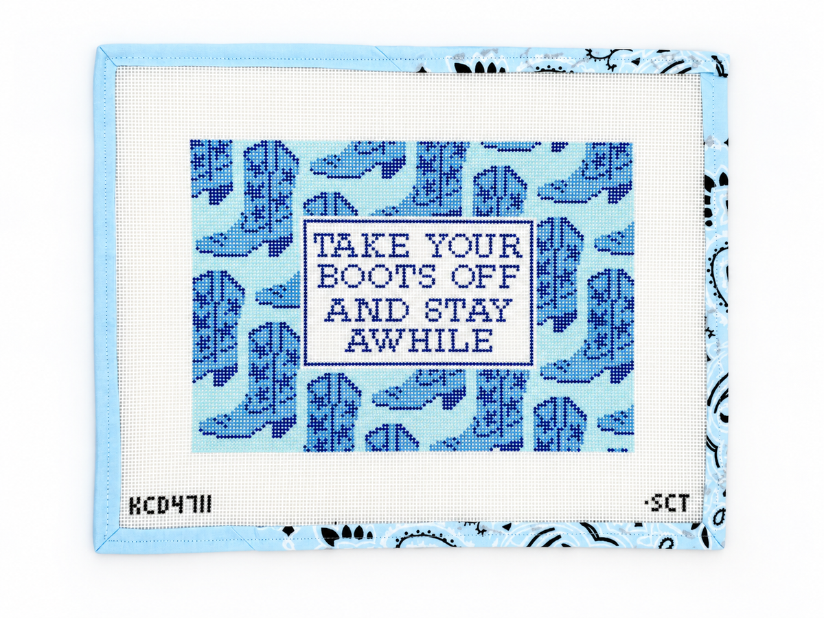 Shop Take Your Boots Off and Stay Awhile by KCN Designers. Hand-painted 13 mesh needlepoint canvas with a 9.75 x 7-inch design. Threads not included.