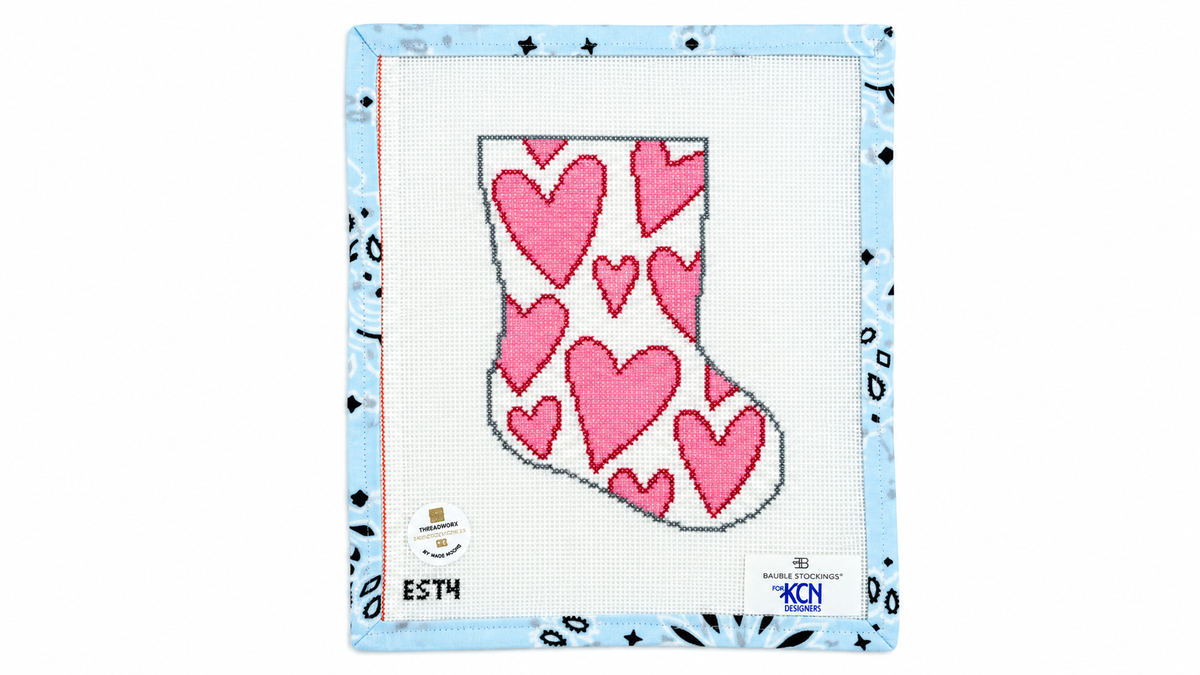 Shop Bauble Stockings Heart BS74 by KCN Designers, a stocking ornament needlepoint canvas on 13 mesh, measuring 7 x 9 inches. Threads not included.