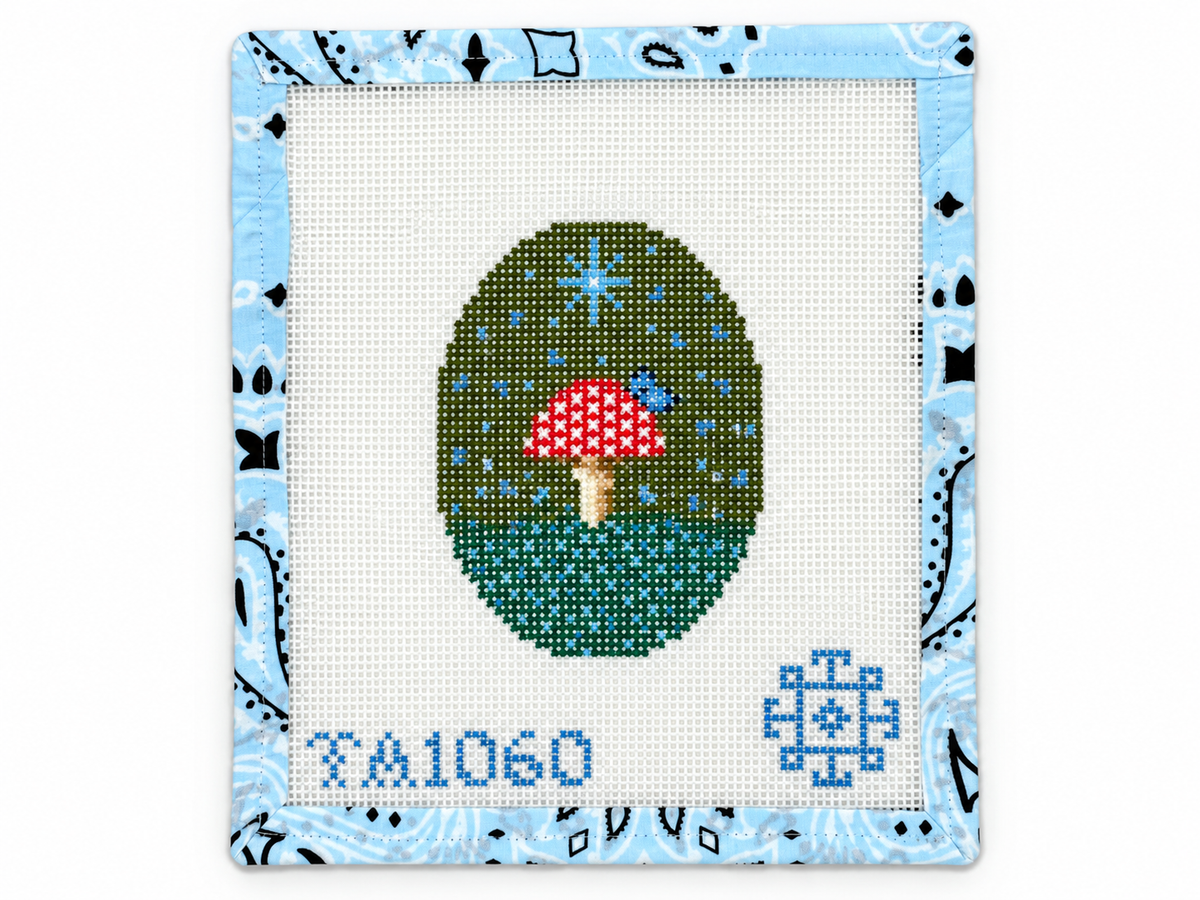 Fly Agaric needlepoint canvas by KCN Designers on 13 mesh, 3" x 4". Canvas only; threads sold separately.